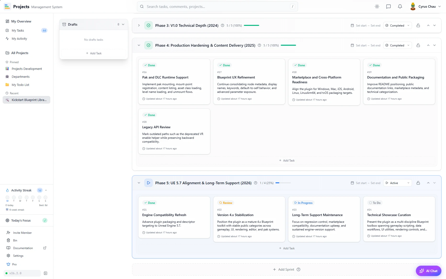 Projects.ink — Project Management Dashboard with Kanban board, phases, and task cards